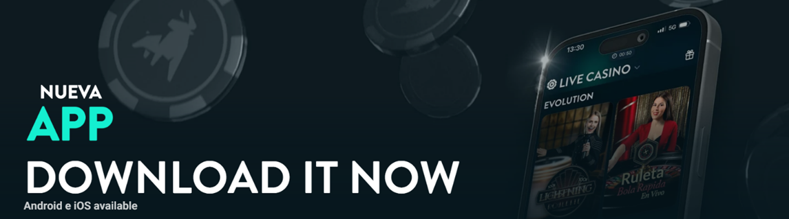 Nueva App — Download It Now banner for Golden Bull Casino mobile app, available on Android and iOS, showing Live Casino Evolution interface on smartphone screen