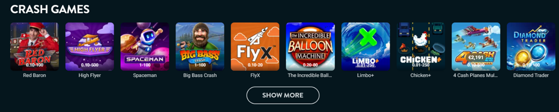 Crash Games section showing game thumbnails: Red Baron, High Flyer, Spaceman, Big Bass Crash, FlyX, The Incredible Balloon Machine, Limbo+, Chicken+, 4 Cash Planes Multiplier, Diamond Trader with Show More button