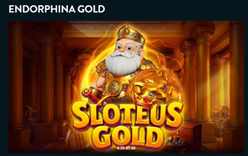Endorphina Gold promotional banner featuring Sloteus Gold slot game with Zeus character and golden coins on dark background