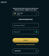 Golden Bull Casino login page with username and password fields, Log In button and registration link