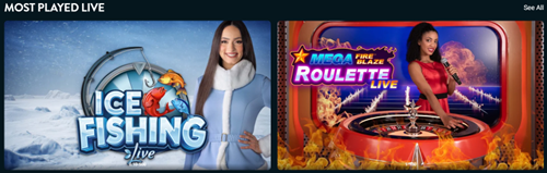Most Played Live section featuring Ice Fishing Live dealer game and Mega Roulette Live with See All button