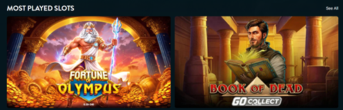 Most Played Slots section showing Fortune Olympus and Book of Dead Go Collect as top featured slot games with See All button