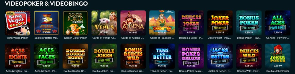 Videopoker and Videobingo section showing game thumbnails including Aces and Faces, Double Joker Poker, Bonus Deuces Wild, Bonus Poker, Tens or Better, Bonus Deuces Better, Jacks or Better, Deuces Wild, All American, Deuces and Joker