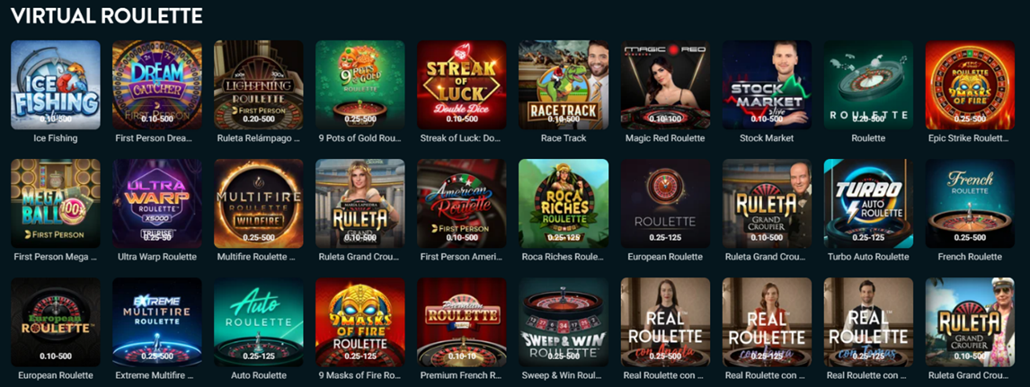 Virtual Roulette section showing slot and virtual game thumbnails including Streak of Luck, Fishing games, roulette variants, Tumble feature games and other virtual table games