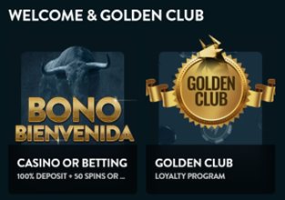 Welcome and Golden Club promotional banner showing Bono Bienvenida with 100% deposit plus 50 spins offer and Golden Club loyalty program options — Casino or Betting